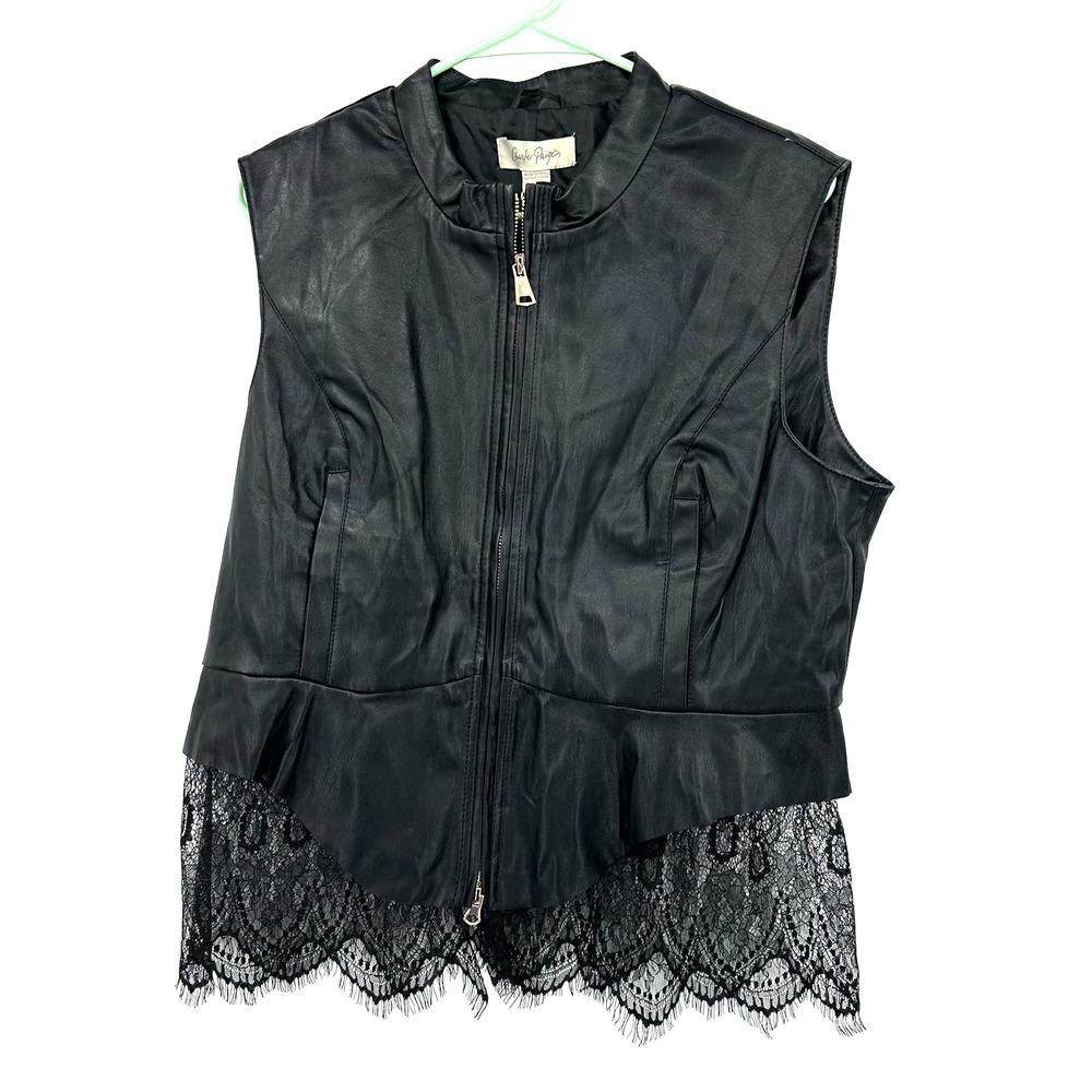 Charlie Paige size Large black faux leather zip up vest lace lined‎ NEW